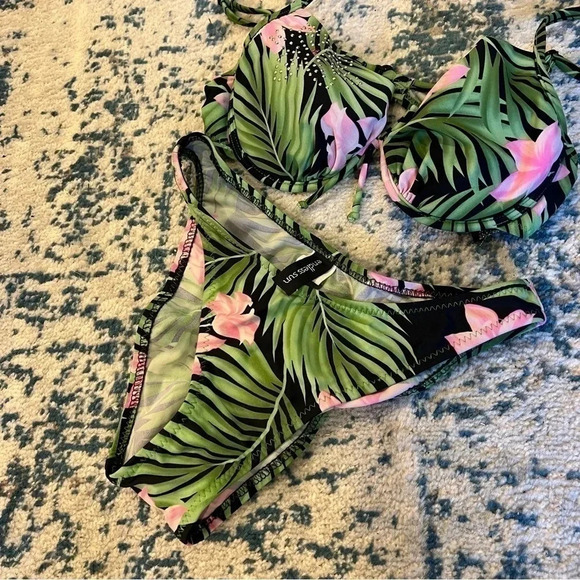 Endless Sun Jungle Print Pink Flower Bikini Medium adjustable straps - Picture 3 of 7